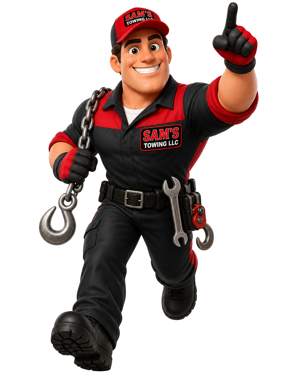 Sam's Towing mascot in branded towing uniform